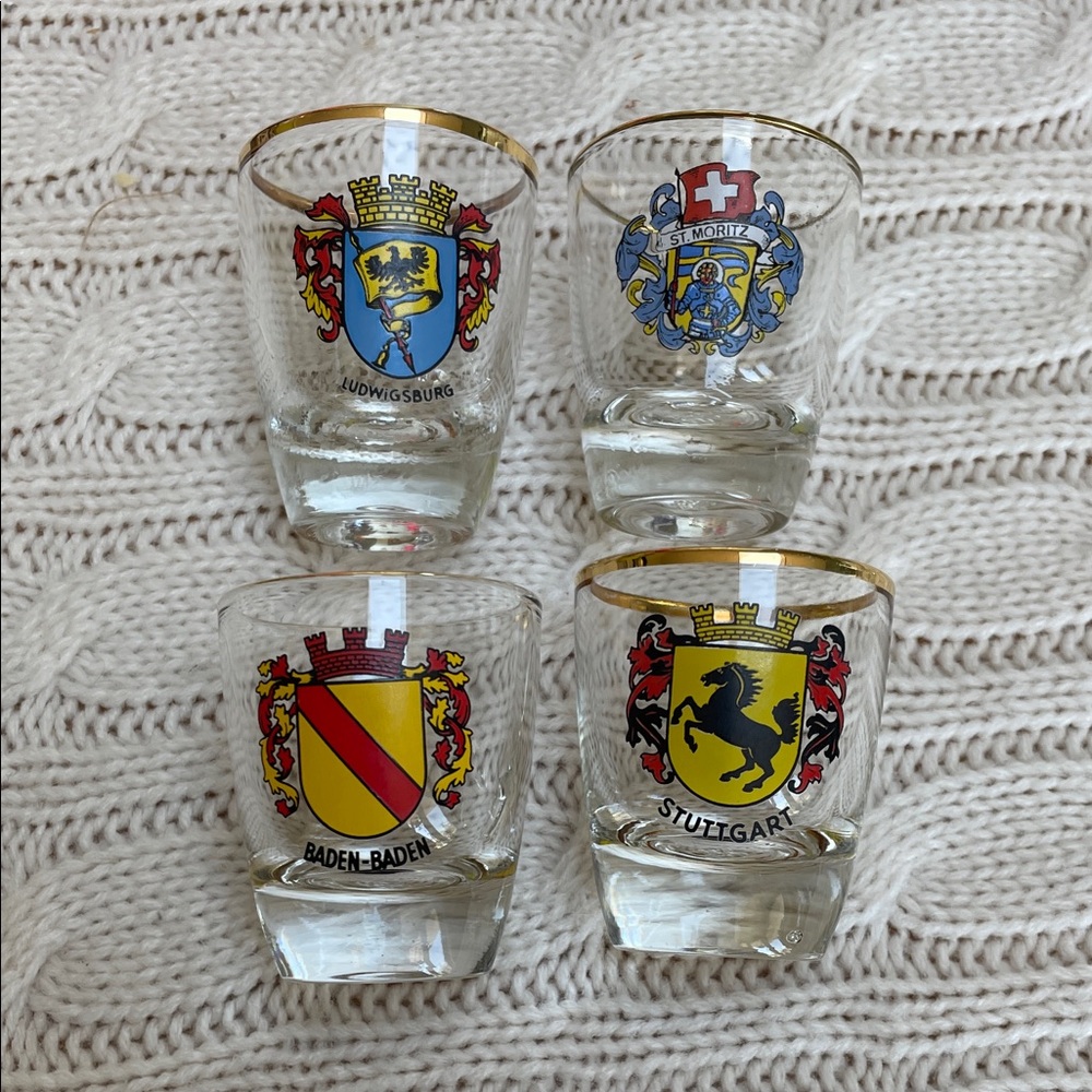 European Crest Shot Glasses Stuttgart/Baden-Baden/St.Moritz/Ludwigsburg gold rim